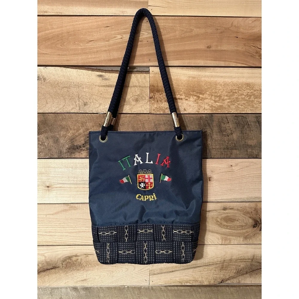 Vintage Italia Capri Navy Blue Nylon Women's Tote Handbag Embroidered Nautical